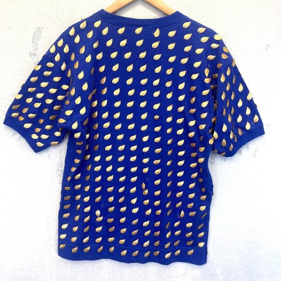 READ! Vintage Gene Ewing Bis Bis Gold Leaf Embellished Blue Knit Tee Top Small - Picture 2 of 16